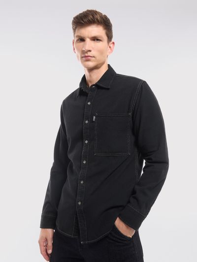 Black Contrast Stitch Men's Denim Shirt Men's Shirts,